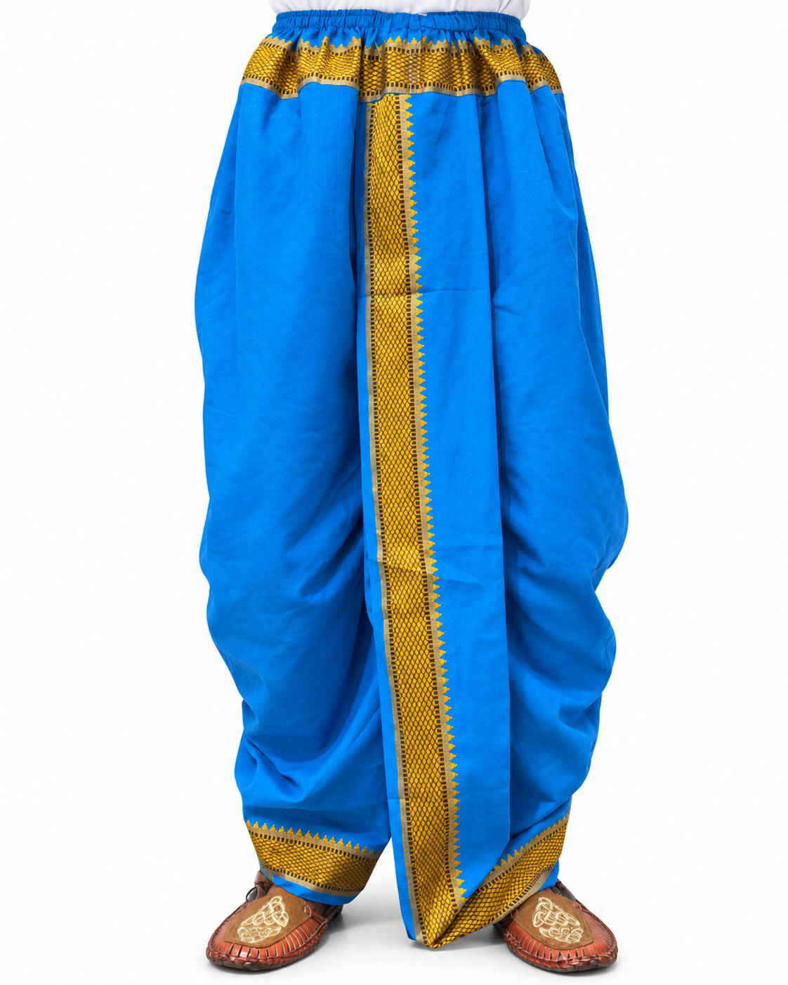 Blue cotton-blend dhoti with decorative border, waist 28–40 inches, front view with legs and footwear visible