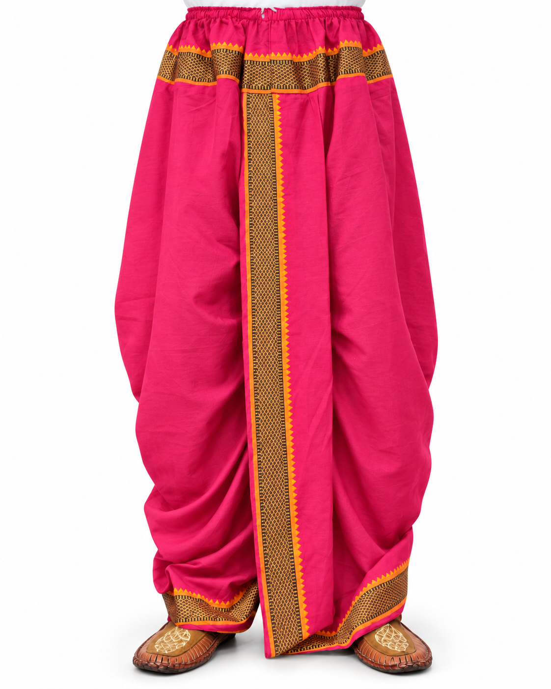 Rani Pink cotton-blend dhoti with decorative border, waist 28–40 inches, front view with legs and footwear visible