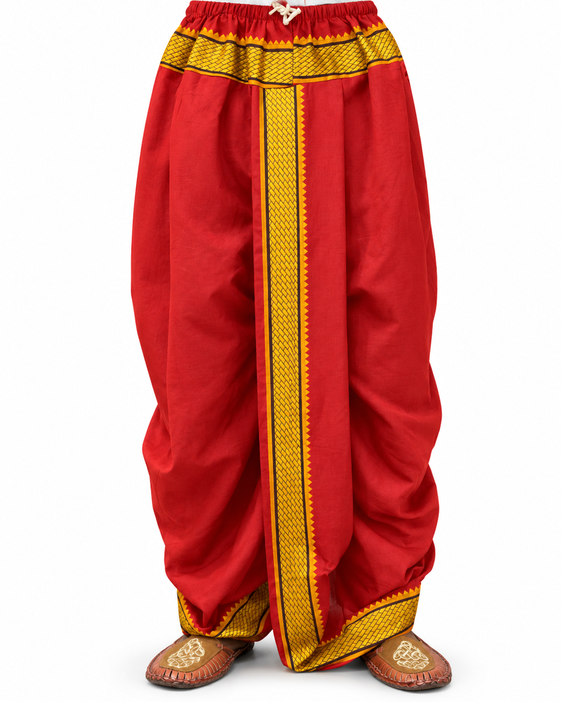 Red cotton-blend dhoti with decorative border, waist 28–40 inches, front view with legs and footwear visible