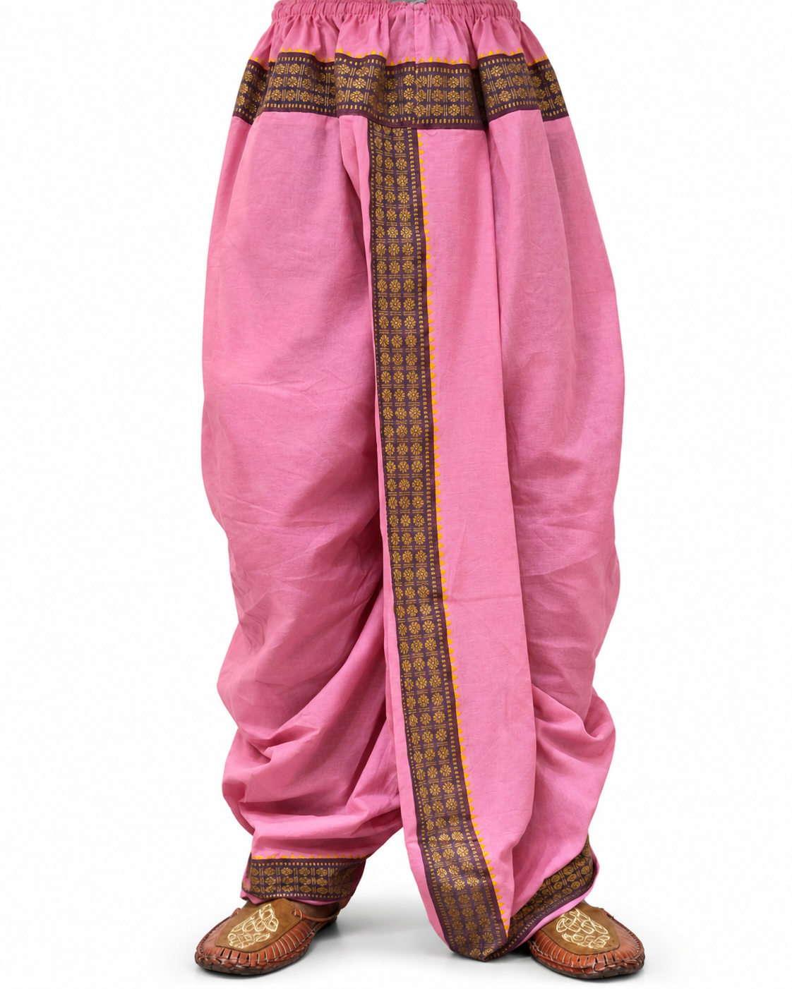 Rose Pink cotton-blend dhoti with decorative border, waist 28–40 inches, front view with legs and footwear visible