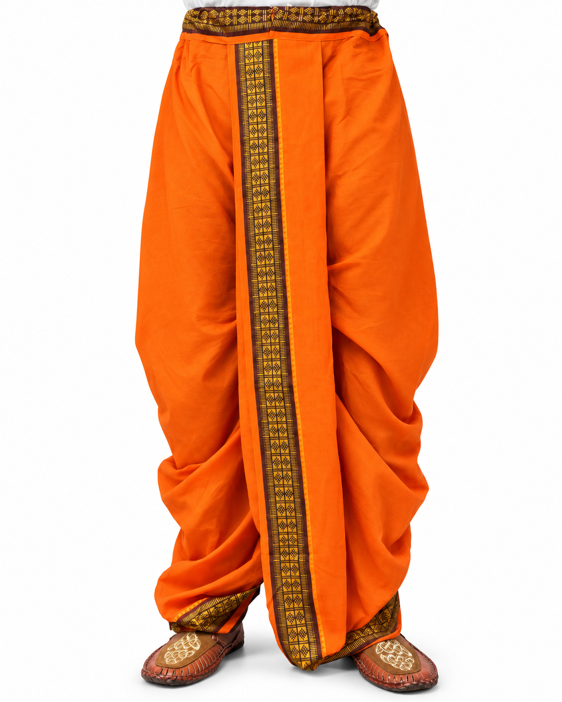 Saffron Orange cotton-blend dhoti with decorative border, waist 28–40 inches, front view with legs and footwear visible