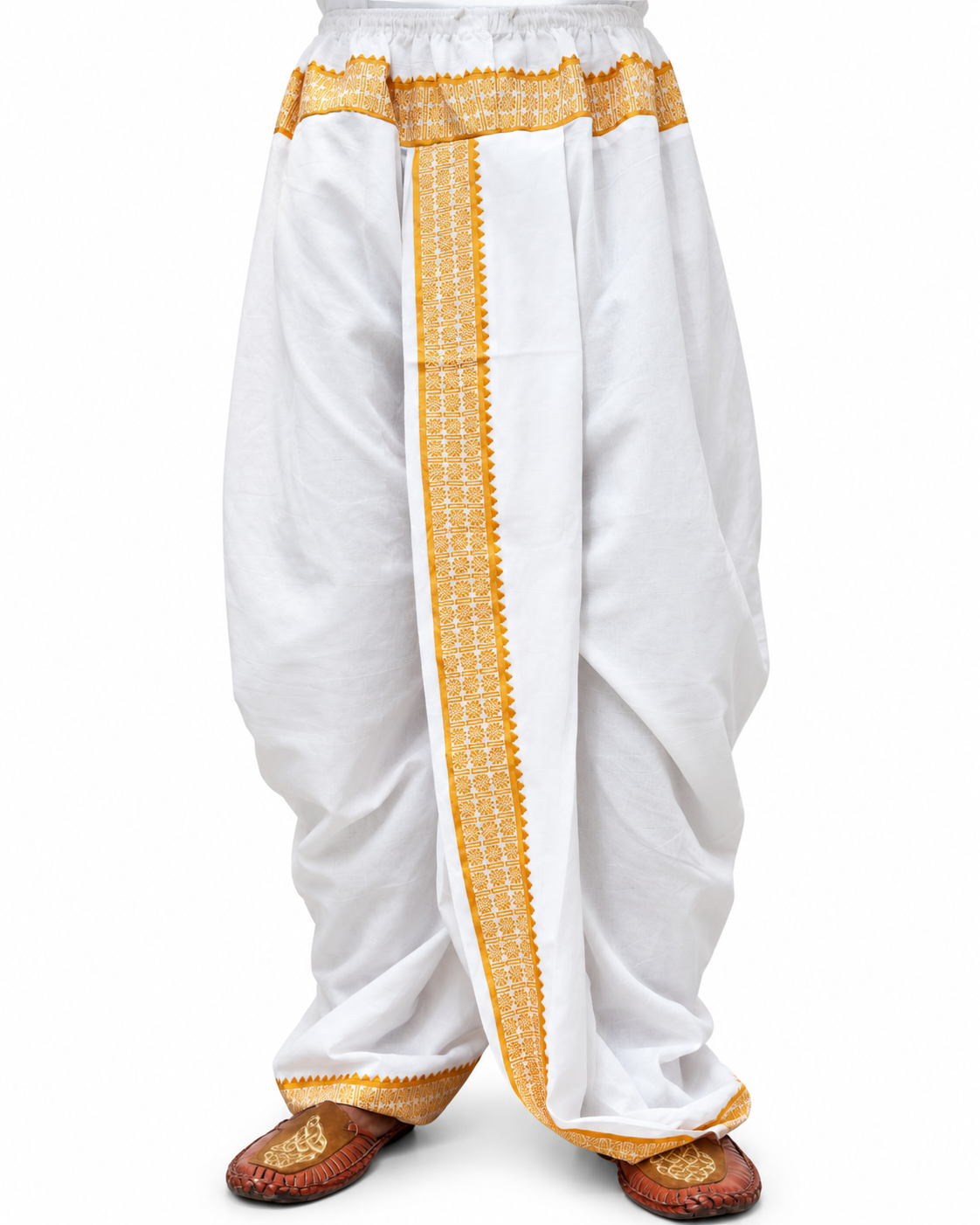 White cotton-blend dhoti with decorative border, waist 28–40 inches, front view with legs and footwear visible