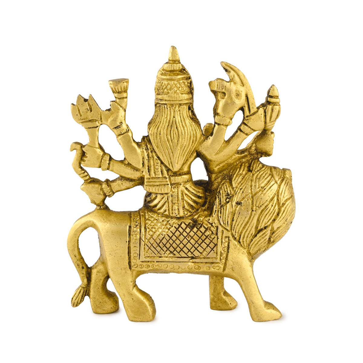 Swarnim brass Maa Durga murti seated on lion, back view