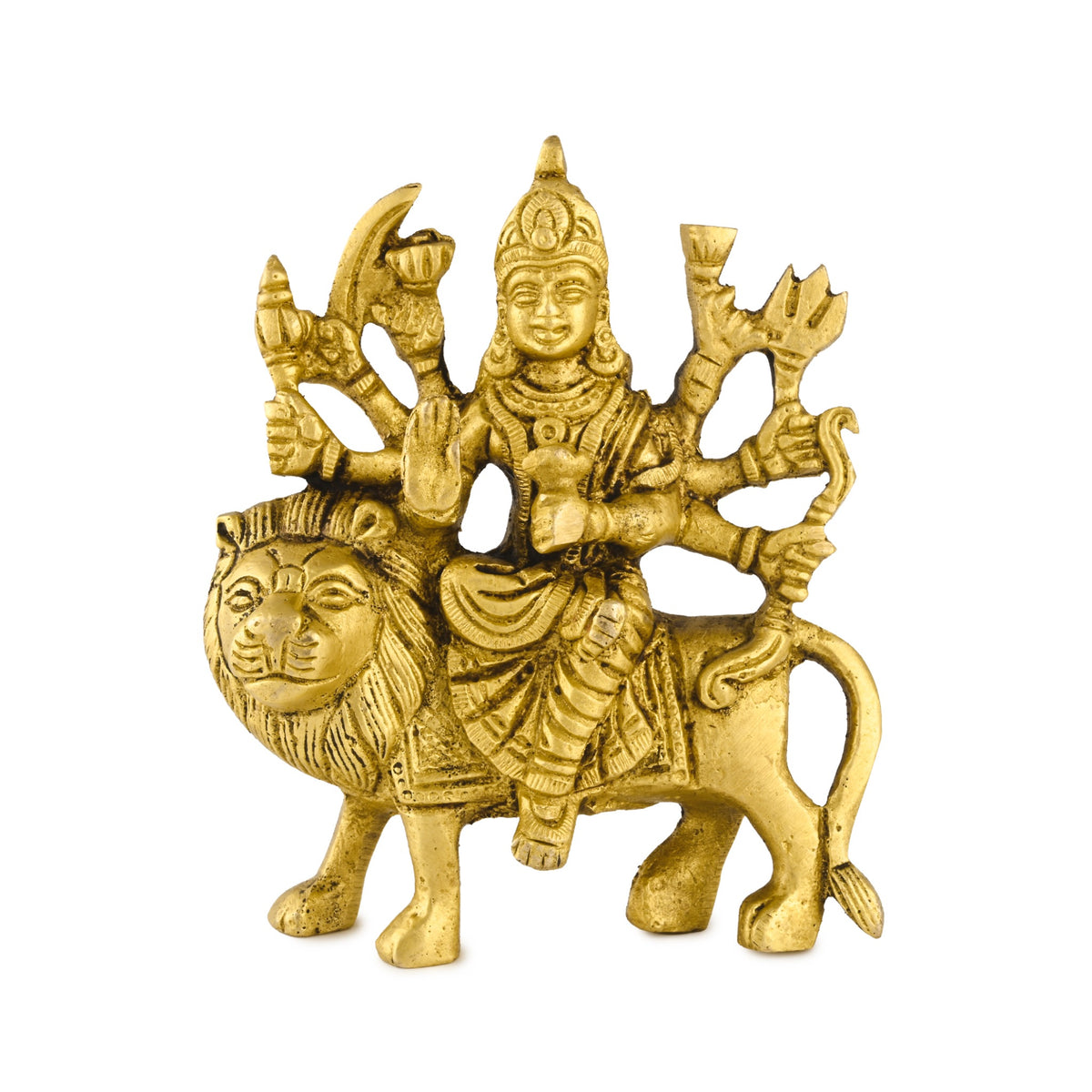 Swarnim brass Maa Durga murti seated on a lion, front view